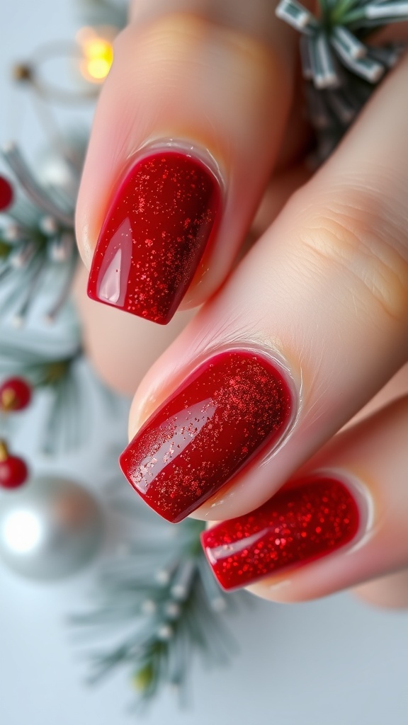 Elegant red glitter Christmas nails displayed with festive decorations.